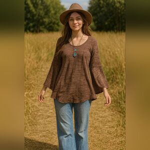Brown Crossback Tie Tunic Open Knit Bell Sleeve Blouse M Fairycore Coquette Cott